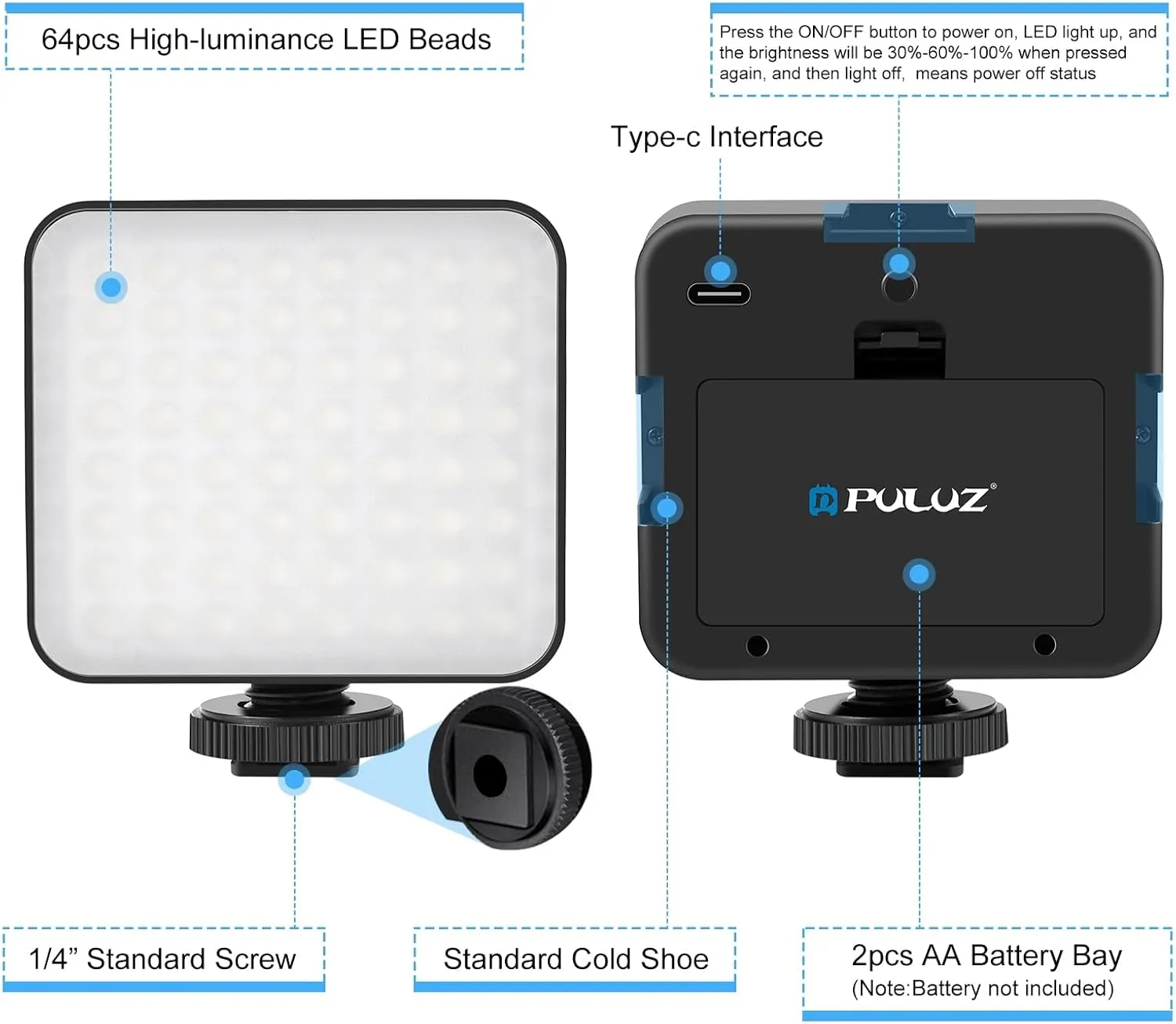 PULUZ Photography Fill Light Camera Video Light With 64 LED Beads for Camera/Video Shooting, Photography Lighting Kit 6000-6500K Natural White Light, Adjustable Brightness Cold Shoe & 1/4" Screw Mount
