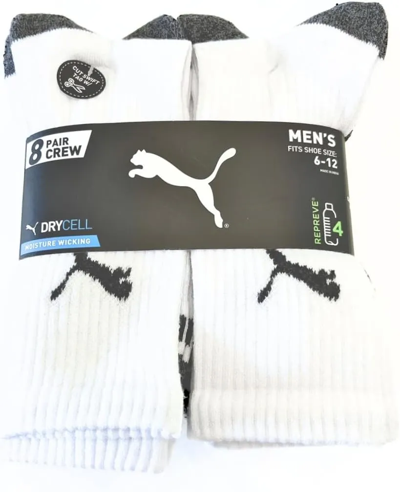 PUMA Men's Crew Socks, 8 pair, Fits Shoe Sizes 6-12, White