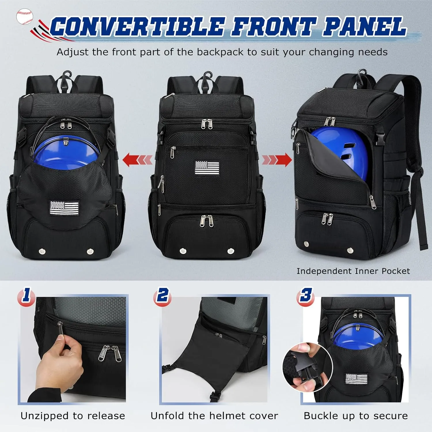 RAINSMORE Baseball Backpack Lightweight Softball Bag for Youth & Adults with Dual Helmet Storage, Shoe Compartment & Fence Hook Baseball Bag, T-Ball Bag for Games Equipment & Travel Gear