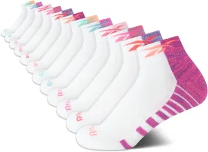 Reebok Girls' Quarter Socks - 12 Pack Stretch Performance Quarter Cut Arch Support Socks - Cushioned Athletic Socks for Girls