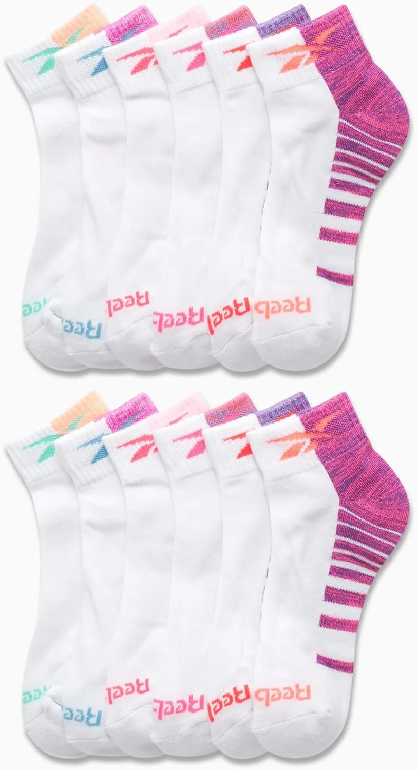 Reebok Girls' Quarter Socks - 12 Pack Stretch Performance Quarter Cut Arch Support Socks - Cushioned Athletic Socks for Girls