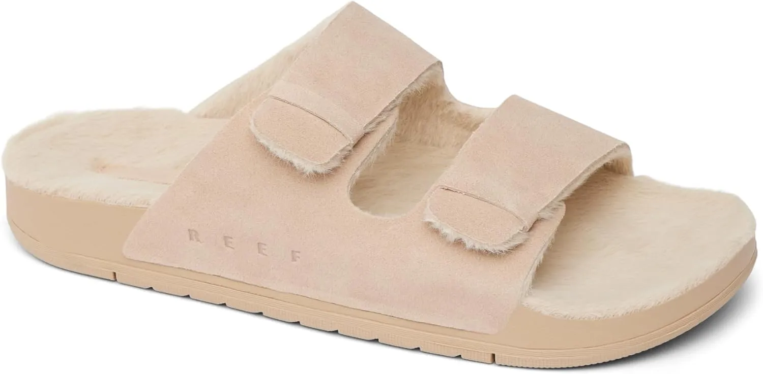 REEF Ojai Two Bar Cozy Women's Slide, Faux Fur Footbed, Full Grain Leather