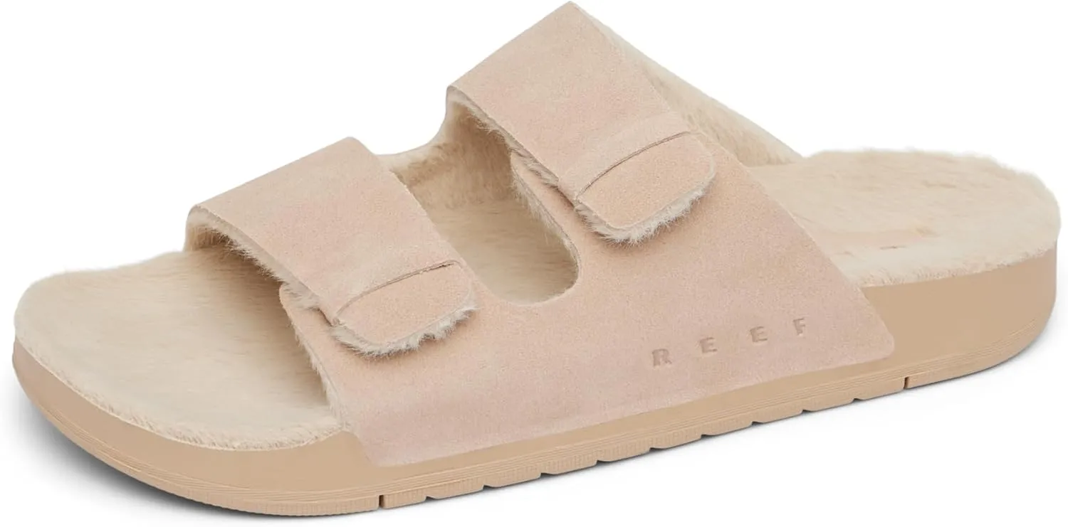 REEF Ojai Two Bar Cozy Women's Slide, Faux Fur Footbed, Full Grain Leather