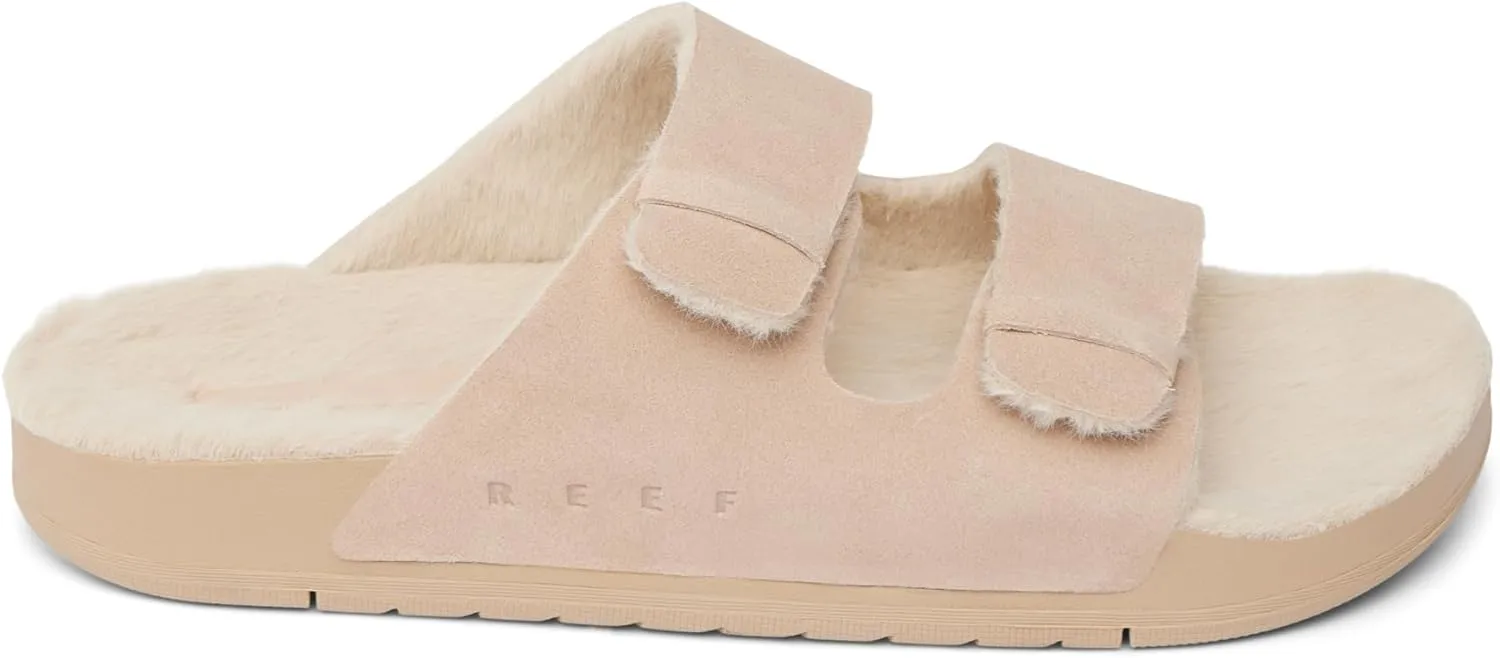 REEF Ojai Two Bar Cozy Women's Slide, Faux Fur Footbed, Full Grain Leather