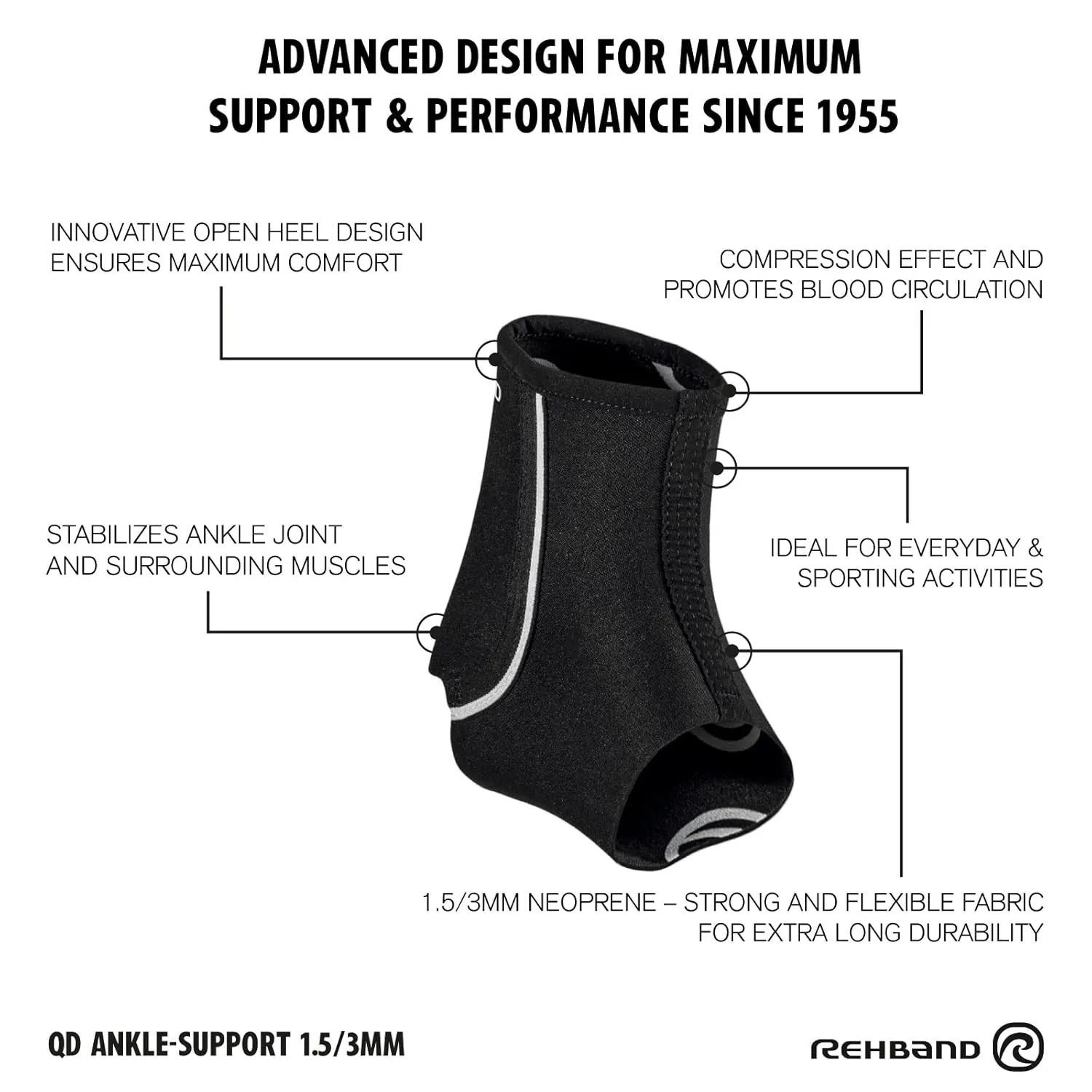 Rehband Ankle Support 1.5mm/3mm Neoprene light support, Ankle brace for sports & work fits in shoe and stabilizes ankle during activity, light Achilles tendon support, Colour:Black, Size:Large