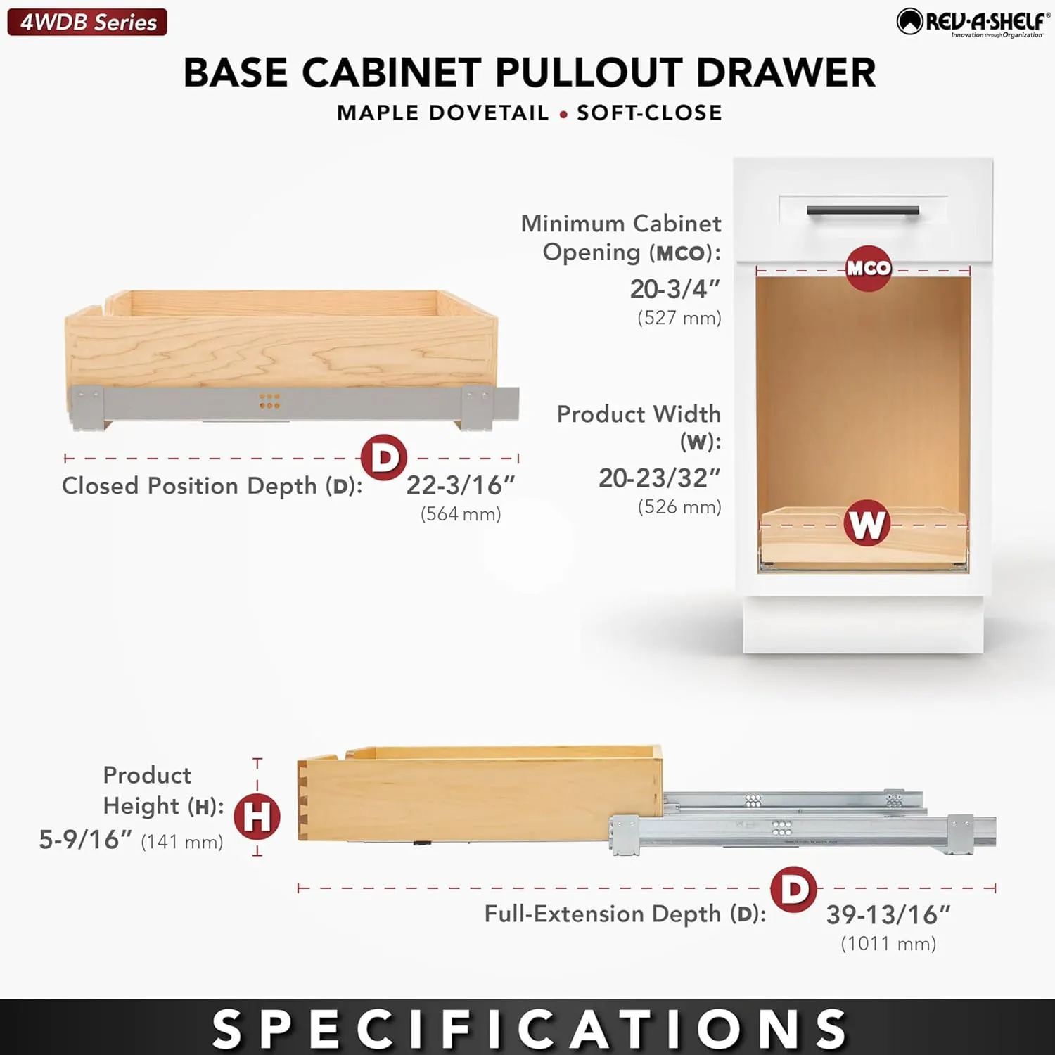 Rev-A-Shelf 20.71" Pullout Kitchen Cabinet Drawer w/Soft-close, 4WDB-21SC-1