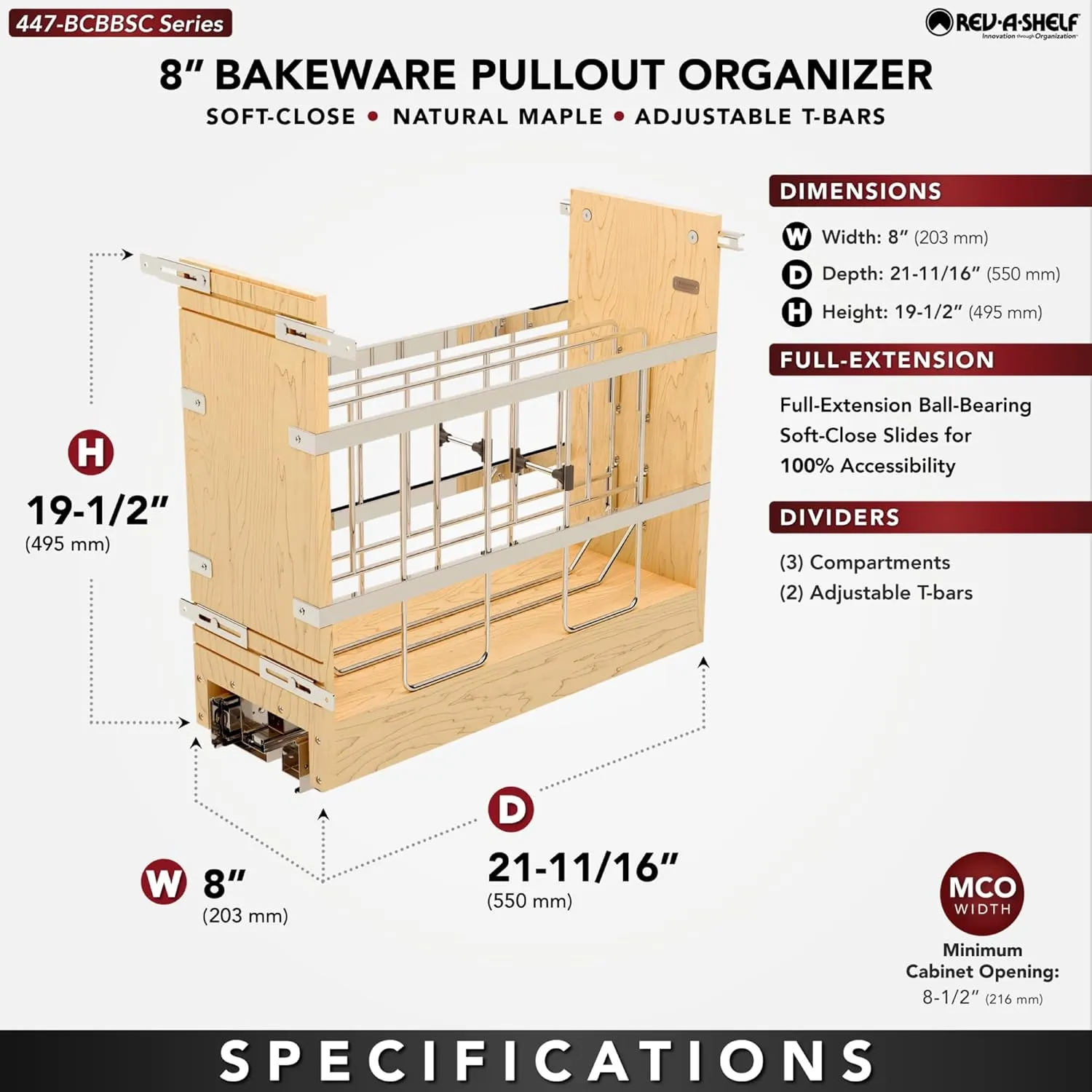 Rev-A-Shelf 8" Wooden Pullout Shelf Bakeware Organizer for Base Kitchen Cabinets with Soft Close and 100 Pound Ball-Bearings, 447-BCBBSC-8C