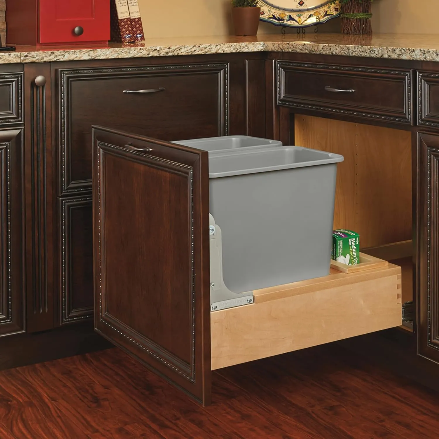 Rev-A-Shelf Double 30-Quart Pullout Under Cabinet Trash Cans with Soft Open & Close Slide System, Metallic Silver, Maple Wood Bottom 4WCBM-2430DM-2