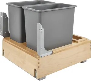 Rev-A-Shelf Double 30-Quart Pullout Under Cabinet Trash Cans with Soft Open & Close Slide System, Metallic Silver, Maple Wood Bottom 4WCBM-2430DM-2