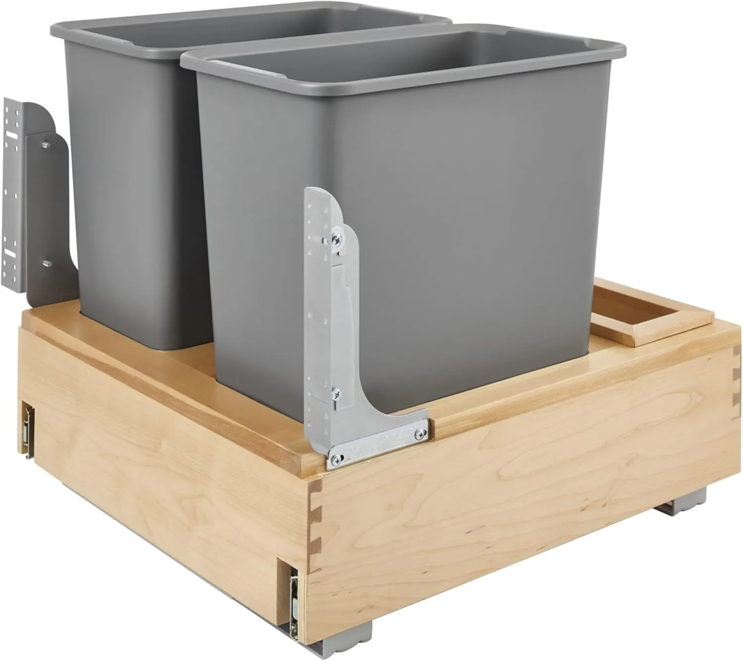 Rev-A-Shelf Double 30-Quart Pullout Under Cabinet Trash Cans with Soft Open & Close Slide System, Metallic Silver, Maple Wood Bottom 4WCBM-2430DM-2