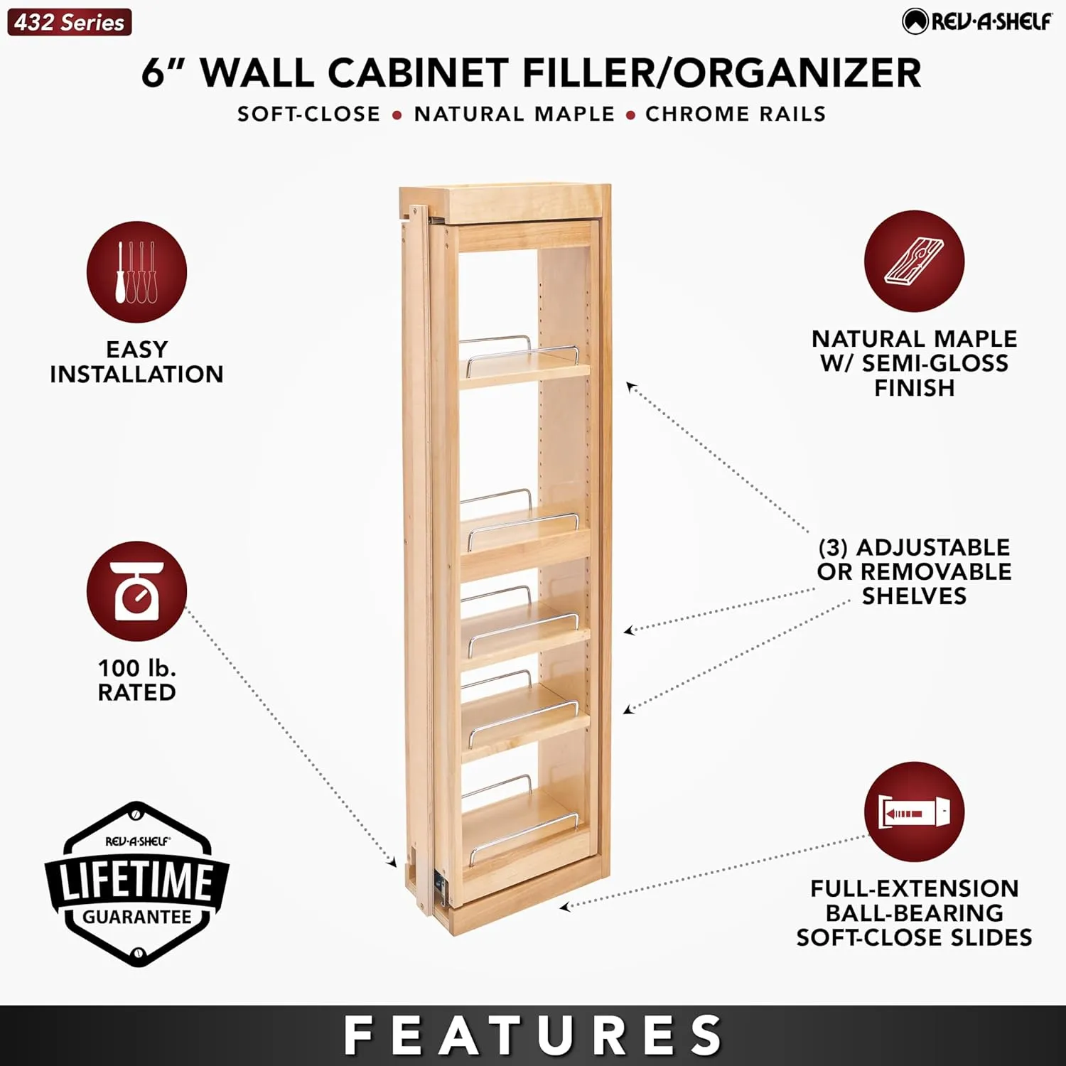 Rev-A-Shelf Kitchen Cabinet Pullout Wall Filler Wooden Organizer Slide Out Pantry Storage w/Soft-Close in Multiple Sizes, 6 x 42 In, 432-WFBBSC42-6C