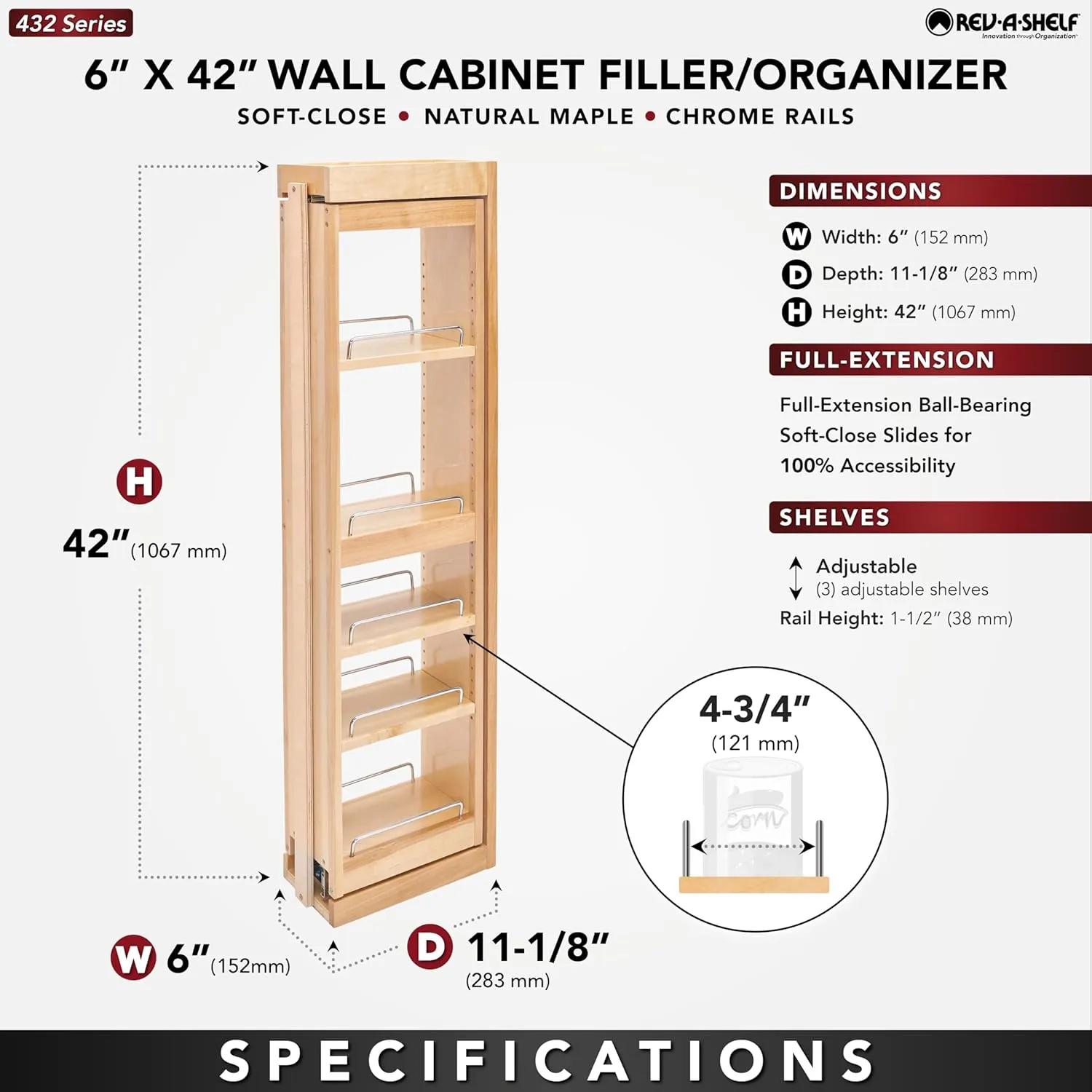 Rev-A-Shelf Kitchen Cabinet Pullout Wall Filler Wooden Organizer Slide Out Pantry Storage w/Soft-Close in Multiple Sizes, 6 x 42 In, 432-WFBBSC42-6C