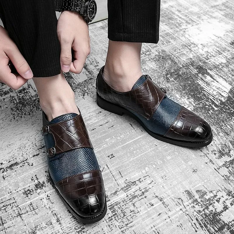 Santimon Men's Leather Monk Strap Loafers Crocodile Snake Printed Formal Dress Business Casual Slip On Shoes