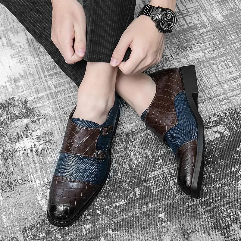Santimon Men's Leather Monk Strap Loafers Crocodile Snake Printed Formal Dress Business Casual Slip On Shoes
