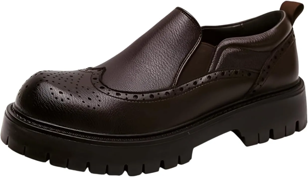 Santimon Men's Leather Wingtip Loafer Shoes Chunky Heel Platform Vintage Round Toe Brogue Shoes