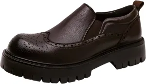 Santimon Men's Leather Wingtip Loafer Shoes Chunky Heel Platform Vintage Round Toe Brogue Shoes