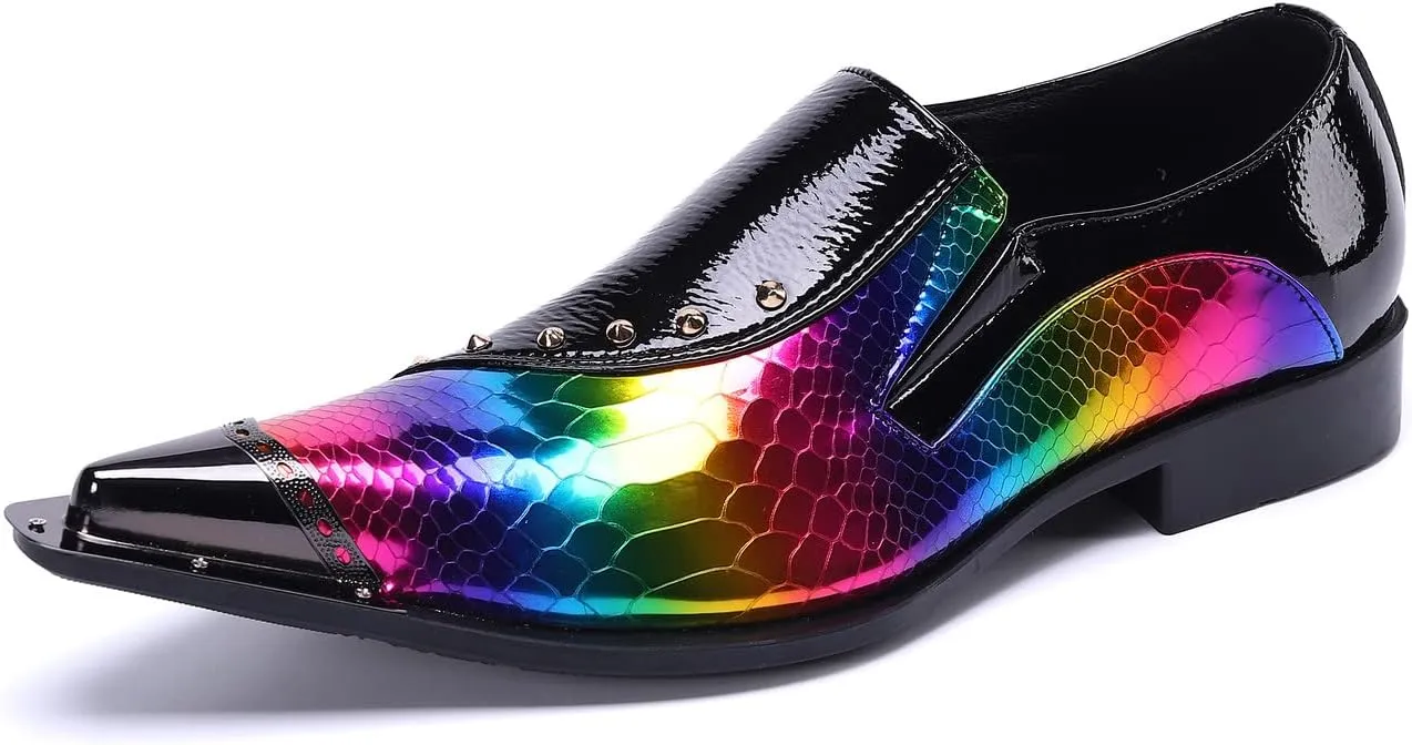 Santimon Mens Loafer Shoes Formal Dress Prom Rainbow Burnished Genuine Leather Lined Rivet Metal Cap Tip Sleek Luxury Party Shoes
