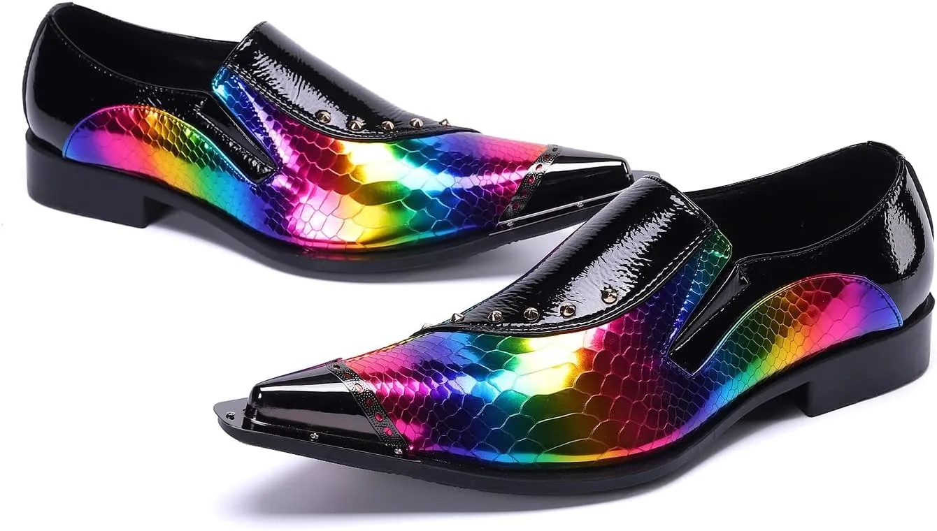 Santimon Mens Loafer Shoes Formal Dress Prom Rainbow Burnished Genuine Leather Lined Rivet Metal Cap Tip Sleek Luxury Party Shoes