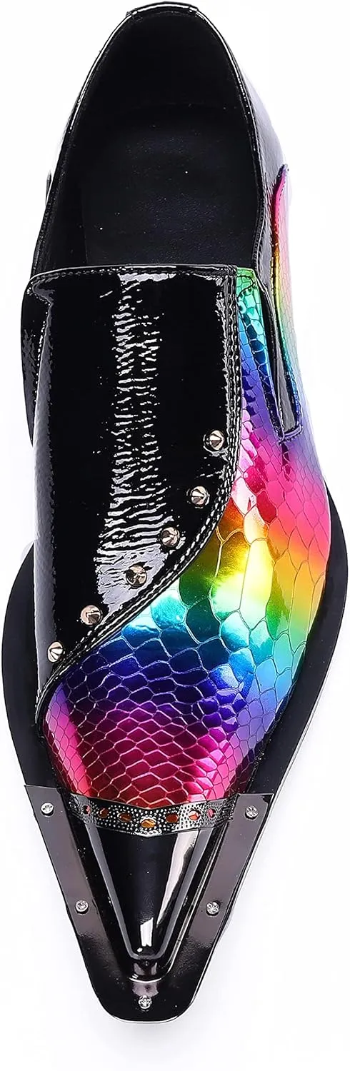 Santimon Mens Loafer Shoes Formal Dress Prom Rainbow Burnished Genuine Leather Lined Rivet Metal Cap Tip Sleek Luxury Party Shoes