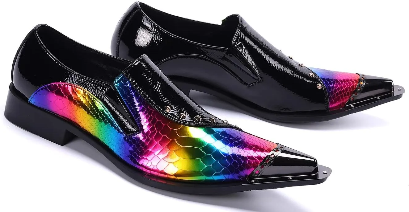 Santimon Mens Loafer Shoes Formal Dress Prom Rainbow Burnished Genuine Leather Lined Rivet Metal Cap Tip Sleek Luxury Party Shoes