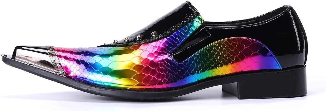 Santimon Mens Loafer Shoes Formal Dress Prom Rainbow Burnished Genuine Leather Lined Rivet Metal Cap Tip Sleek Luxury Party Shoes
