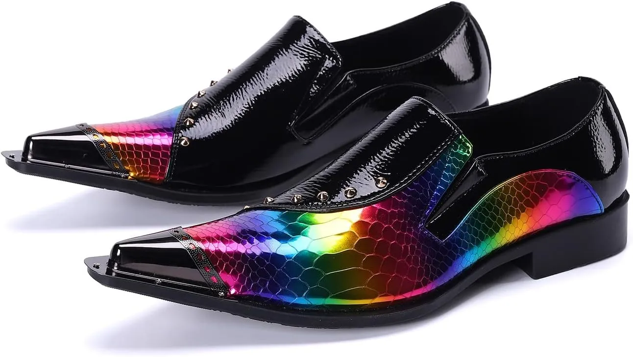Santimon Mens Loafer Shoes Formal Dress Prom Rainbow Burnished Genuine Leather Lined Rivet Metal Cap Tip Sleek Luxury Party Shoes