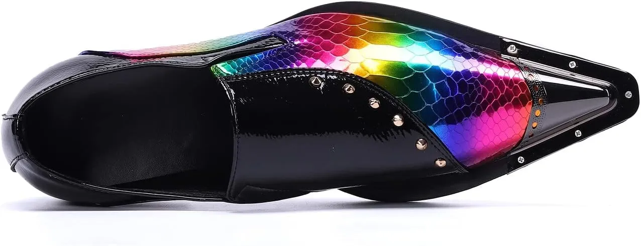 Santimon Mens Loafer Shoes Formal Dress Prom Rainbow Burnished Genuine Leather Lined Rivet Metal Cap Tip Sleek Luxury Party Shoes