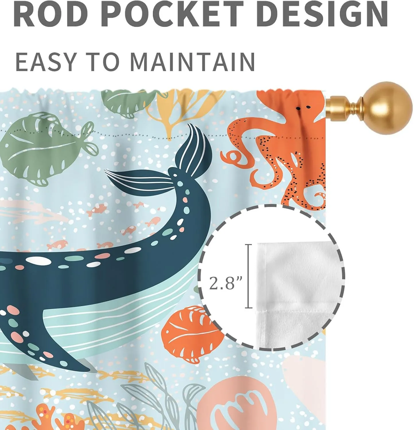 Shark Kids Curtains, Sea World Underwater Fish Ocean Animals Whale Fish Colorful Window Drapery Treatments for Boys Girl Baby Bedroom Living Room Nursery 2 Panels, 42"x54" Inch