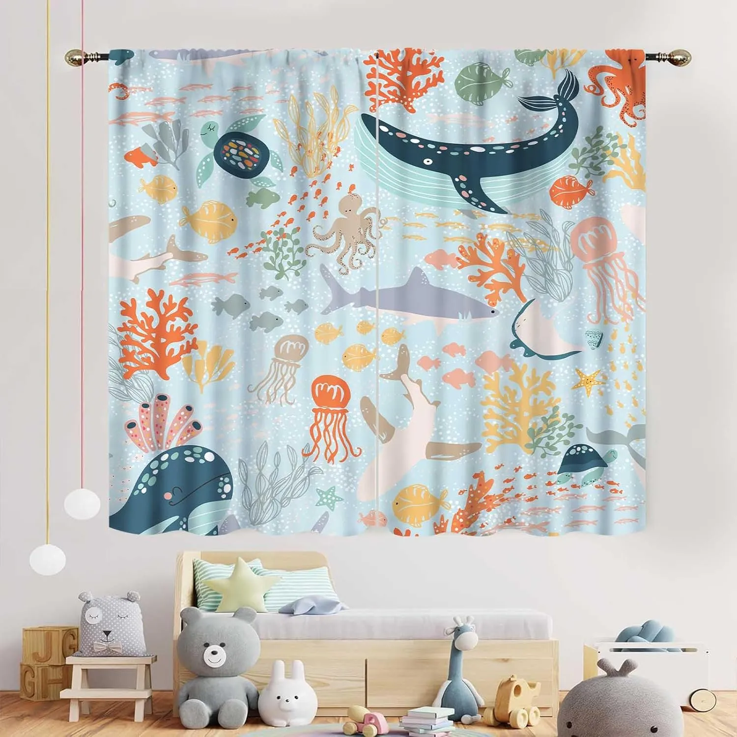 Shark Kids Curtains, Sea World Underwater Fish Ocean Animals Whale Fish Colorful Window Drapery Treatments for Boys Girl Baby Bedroom Living Room Nursery 2 Panels, 42"x54" Inch