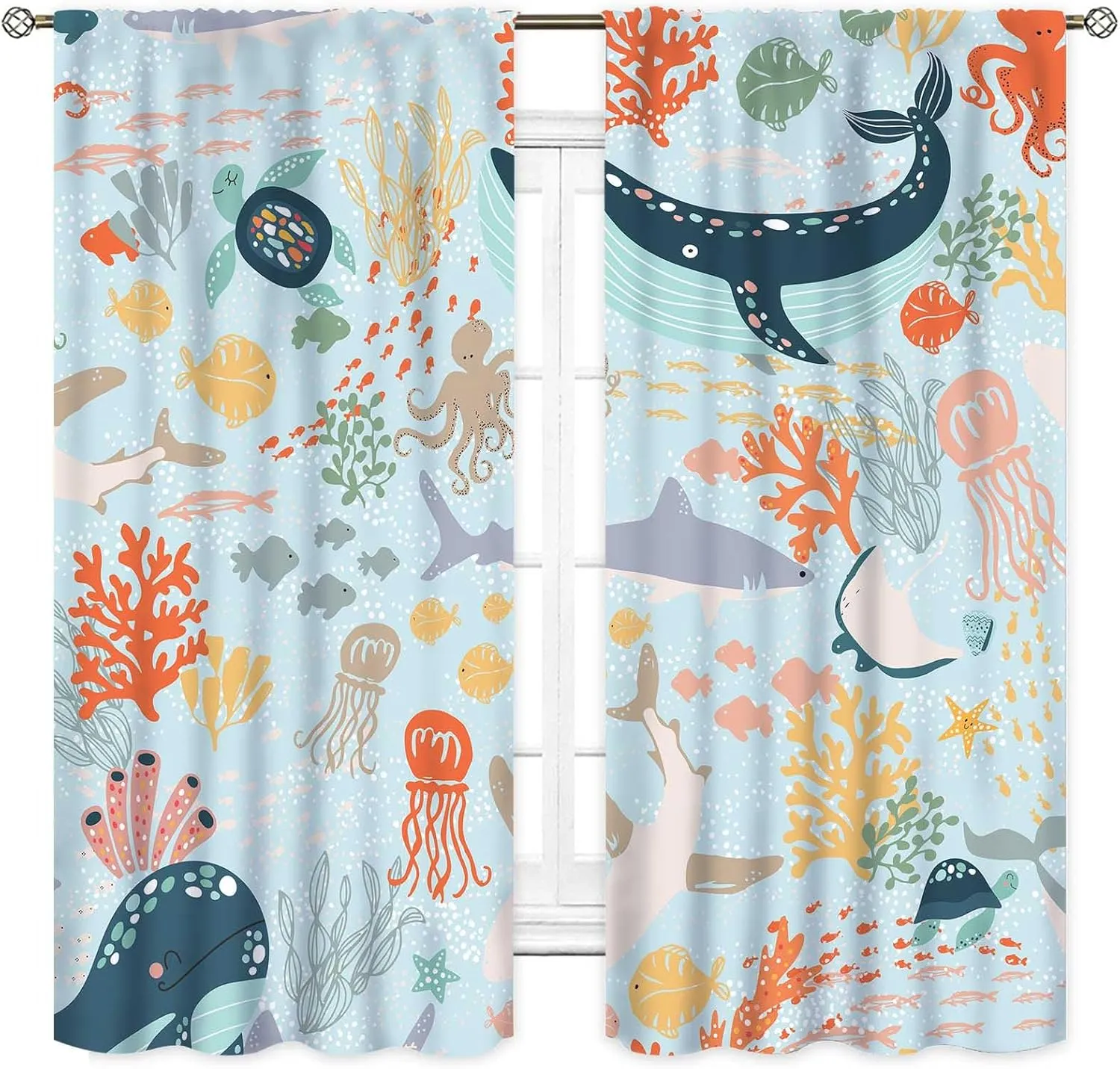 Shark Kids Curtains, Sea World Underwater Fish Ocean Animals Whale Fish Colorful Window Drapery Treatments for Boys Girl Baby Bedroom Living Room Nursery 2 Panels, 42"x54" Inch