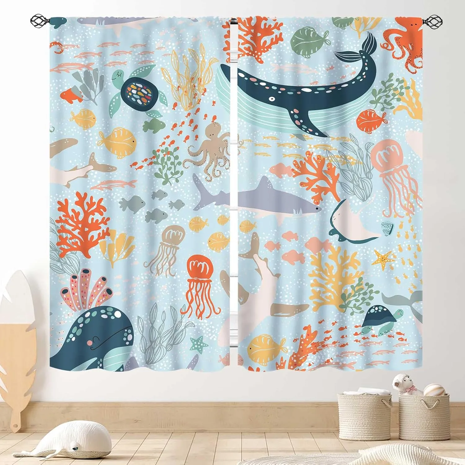 Shark Kids Curtains, Sea World Underwater Fish Ocean Animals Whale Fish Colorful Window Drapery Treatments for Boys Girl Baby Bedroom Living Room Nursery 2 Panels, 42"x54" Inch