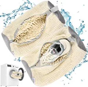 Shoe Bag for Washing Machine, Sneaker Cleaning Bag 2 PCS Set Pearl White, Fluffy Fiber Inside, Large Size Shoe Washing Machine Bag, 360 Laundry Bag for Tennis Gym Running Trainers Hiking
