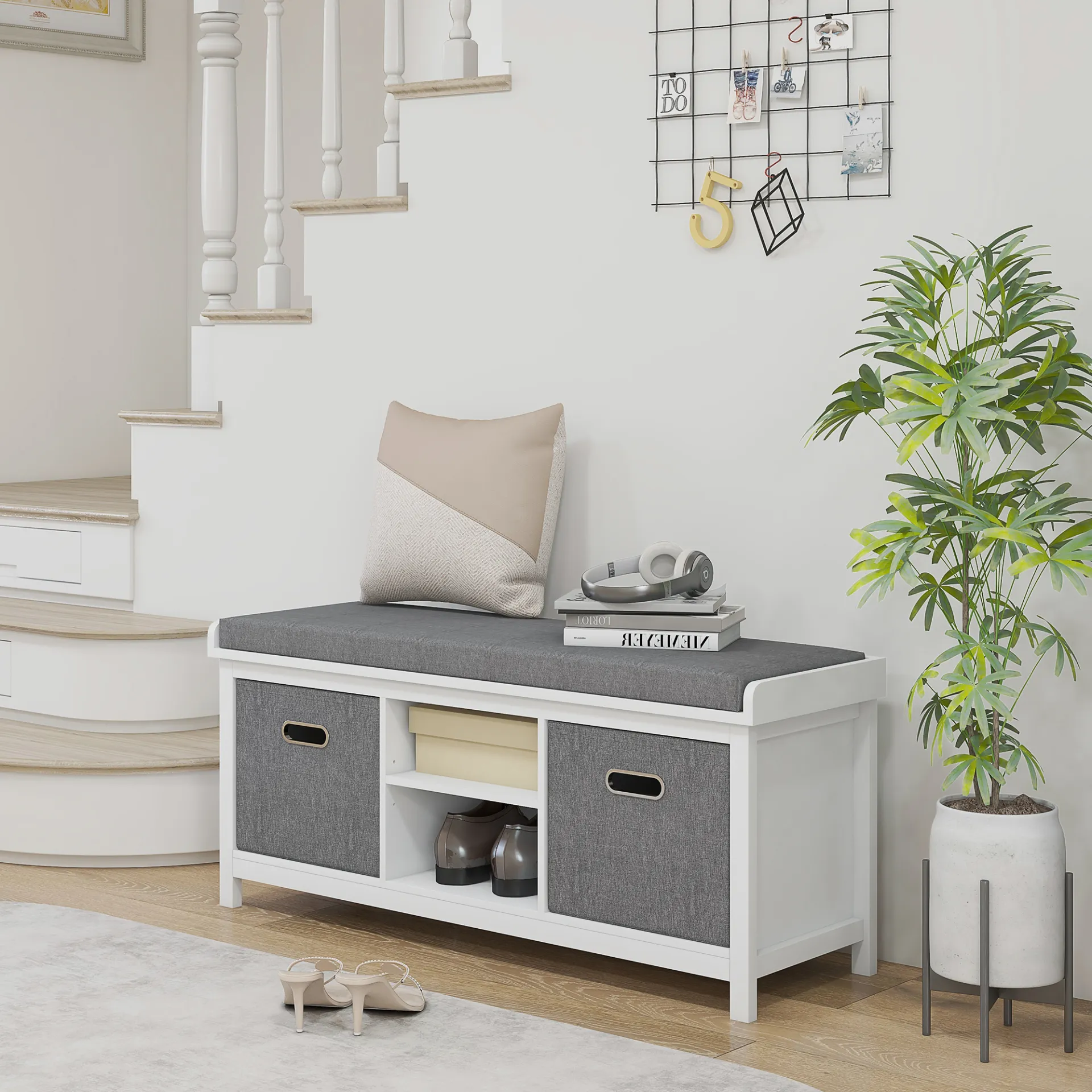Shoe Bench w/ Seat, Shoe Storage Bench w/ Cushion, 2 Drawers and Adjustable Shelf for Entryway, Hallway, Living Room, Bedroom, White | HOMCOM