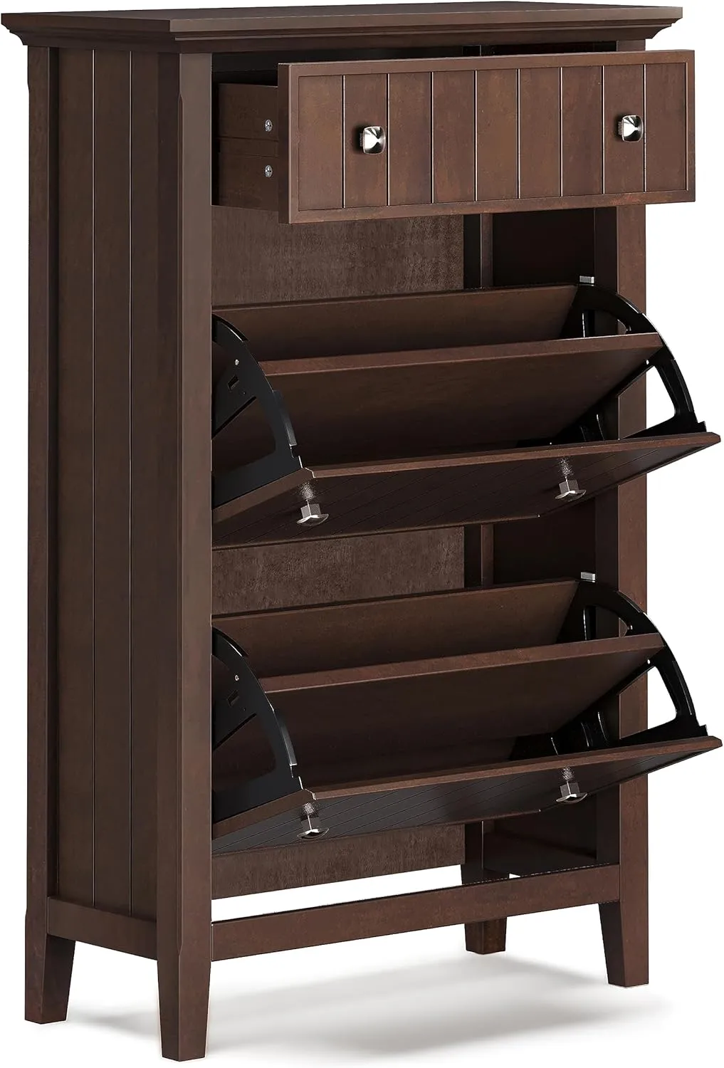 SIMPLIHOME Acadian Solid Wood 32 inch Wide Transitional Entryway Shoe Storage Cabinet in Brunette Brown for The Living Room, Entryway and Family Room