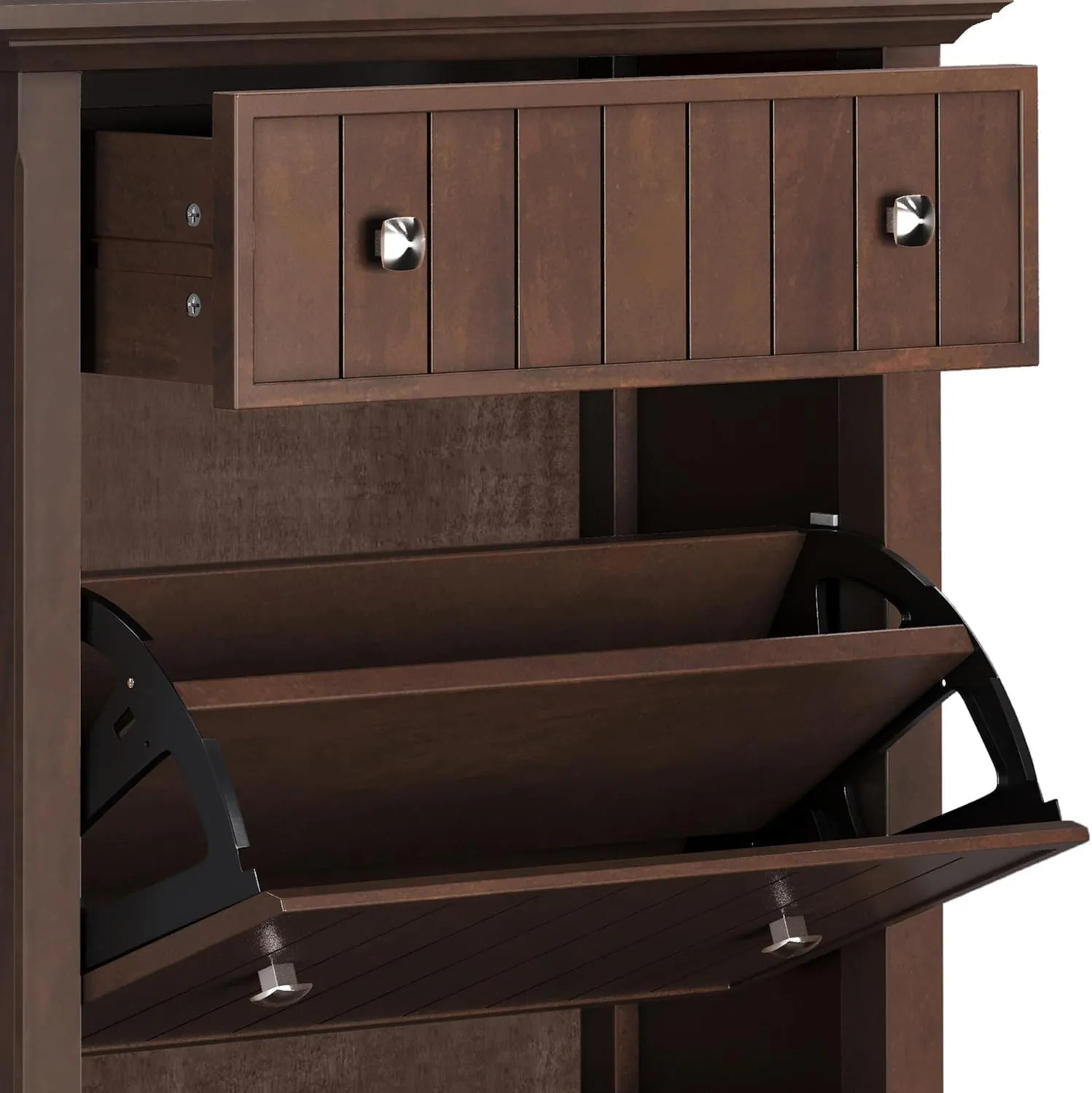SIMPLIHOME Acadian Solid Wood 32 inch Wide Transitional Entryway Shoe Storage Cabinet in Brunette Brown for The Living Room, Entryway and Family Room
