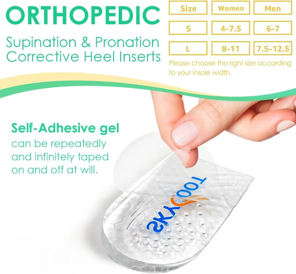 Skyfoot 2 Pairs Heel Wedges for Over Supination & Over Pronation, Re-Usable Adhesive Medial & Lateral Corrective Heel Inserts for Foot Alignment, Bow Legs (Clear, Small: Women 4-7.5 | Men 6-7)