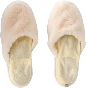 slide on Aromatherapy women's slippers featuring heatable lavender-filled aromatherapy insoles. Spa-style slide-on slippers with a fuzzy faux fur exterior.
