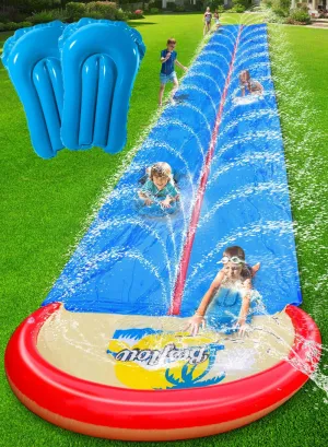 Slip and Water Slide for Kids and Adults Extra Long Heavy Duty Lawn Backyard Water Slides with Two Inflatable Bodyboards and Double Lane Water Toys Summer
