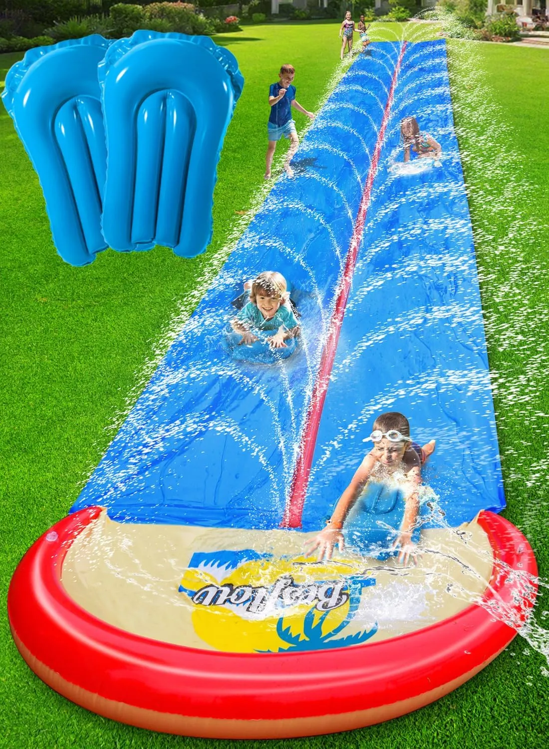 Slip and Water Slide for Kids and Adults Extra Long Heavy Duty Lawn Backyard Water Slides with Two Inflatable Bodyboards and Double Lane Water Toys Summer