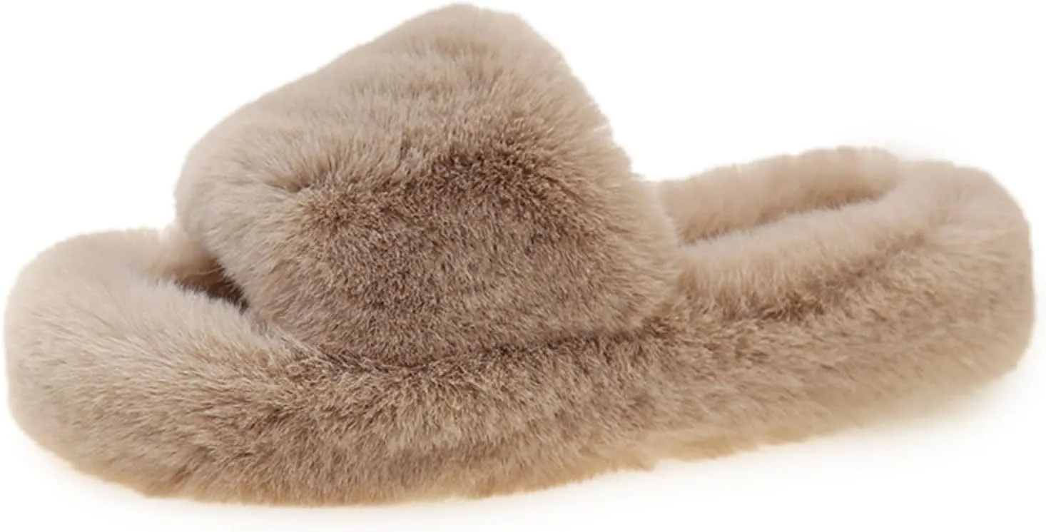 Slippers for Women, Memory Foam House Bedroom Slippers Comfy Faux Fur Lined Slide Shoes Outdoor Open Toe Slippers