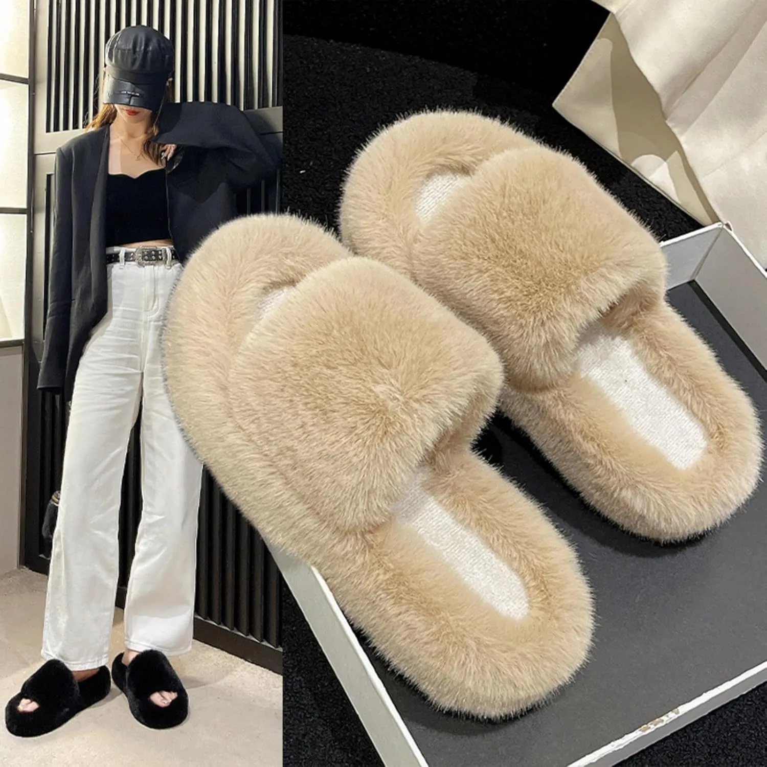 Slippers for Women, Memory Foam House Bedroom Slippers Comfy Faux Fur Lined Slide Shoes Outdoor Open Toe Slippers