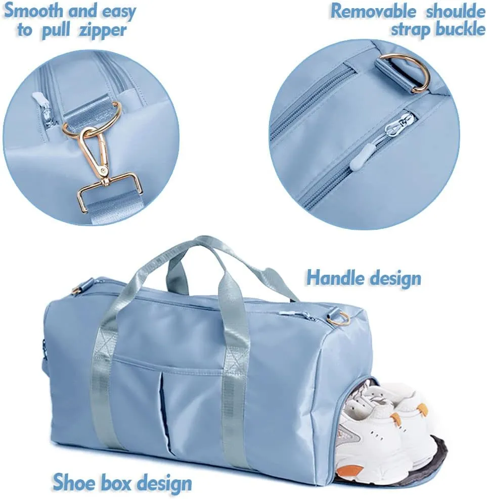 Small Gym Bag for Women and Men, Workout Bag for Sports and Weekend Getaway, Waterproof Dufflebag with Shoe and Wet Clothes Compartments (Light blue)