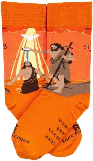 Sock Religious, St. John The Baptist, He Must Increase I Must Decrease, on Orange, One Size Fits Most Polyester Blend Men's and Women's Catholic Inspirational Fun Crew Socks, Adults