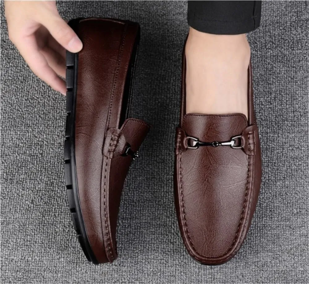 Solid Color Loafers for Men Round Toe PU Leather Slip On Comfortable Lightweight
