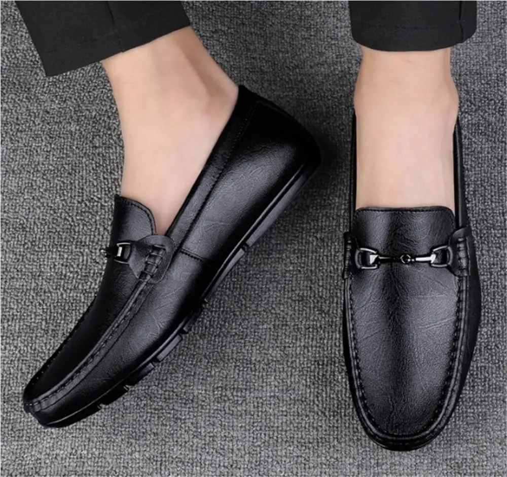Solid Color Loafers for Men Round Toe PU Leather Slip On Comfortable Lightweight