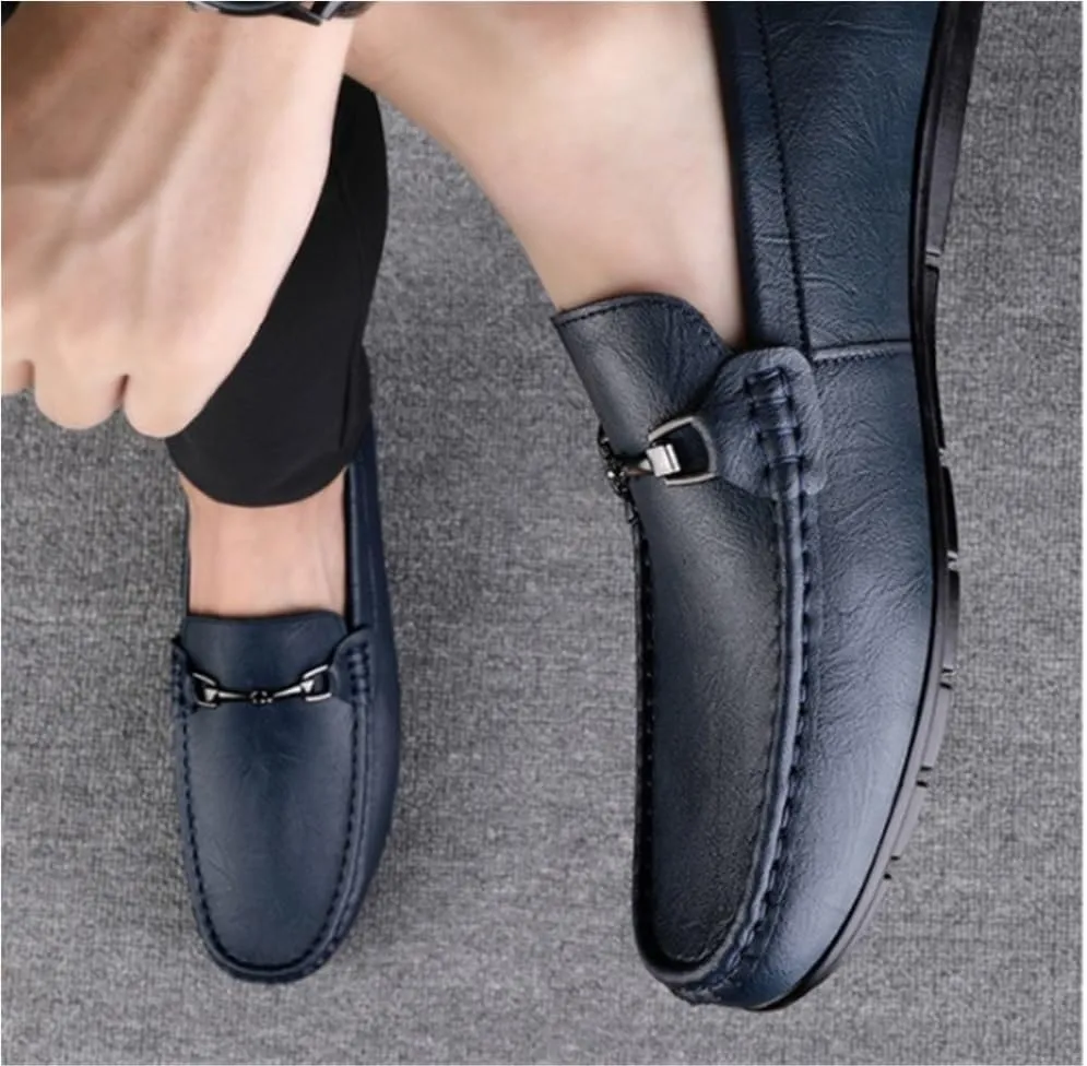 Solid Color Loafers for Men Round Toe PU Leather Slip On Comfortable Lightweight