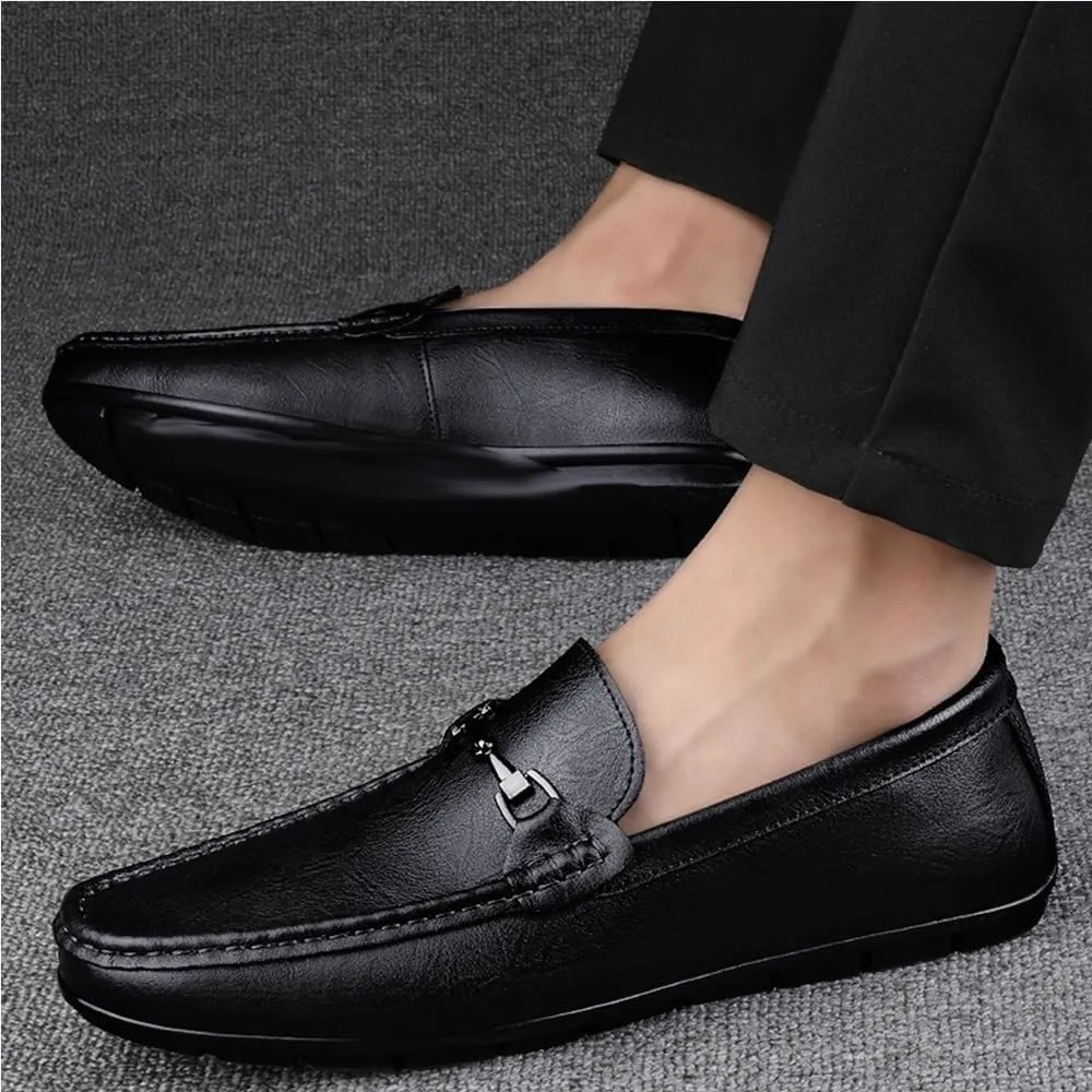 Solid Color Loafers for Men Round Toe PU Leather Slip On Comfortable Lightweight