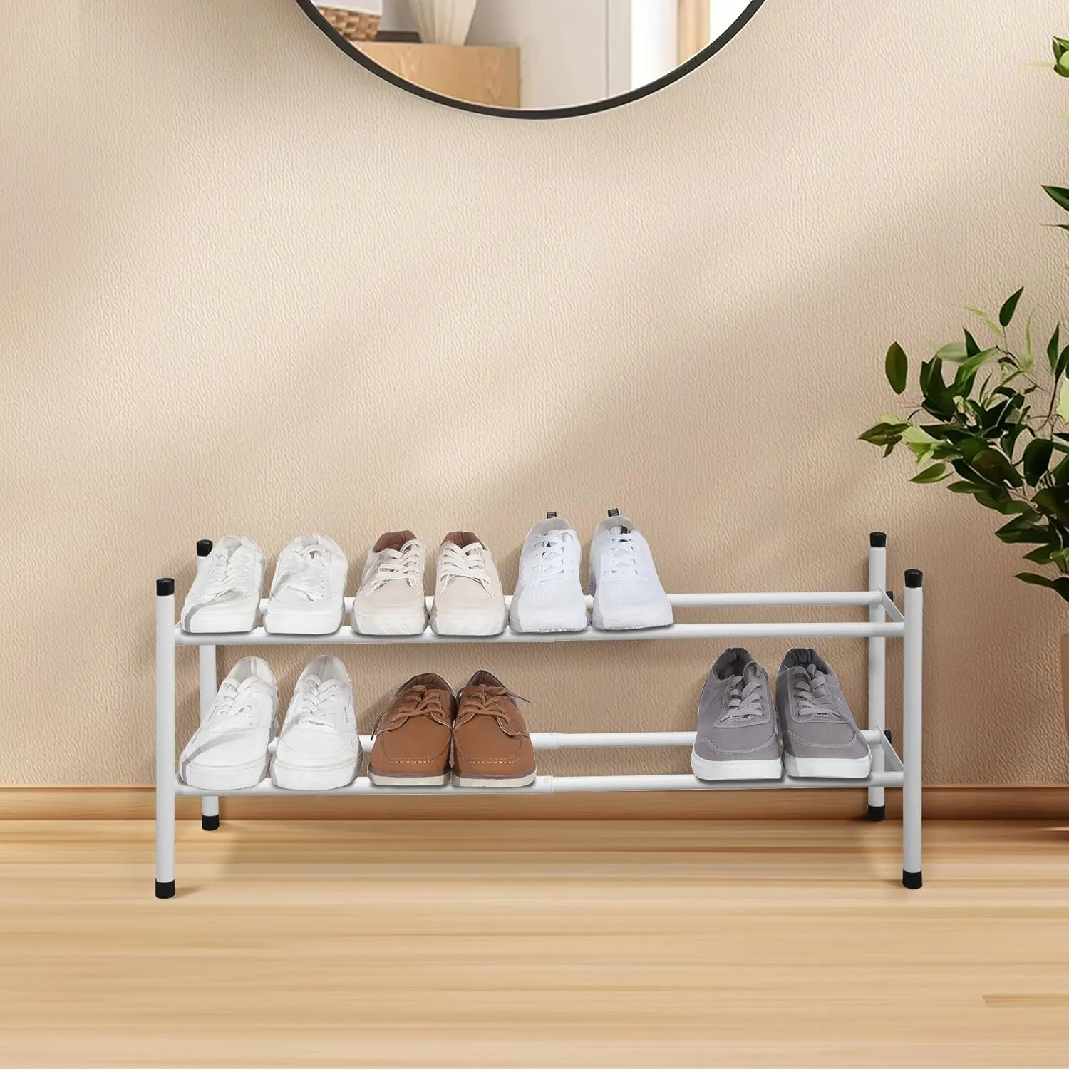STORAGE MANIAC Expandable Shoe Rack, 8 Pairs Stackable Small Shoe Rack, Metal Adjustable Shoes Organizer for Closet, Entryway, Hallway, Garage, Front Door, Shoes Shelves, White 2 Tier
