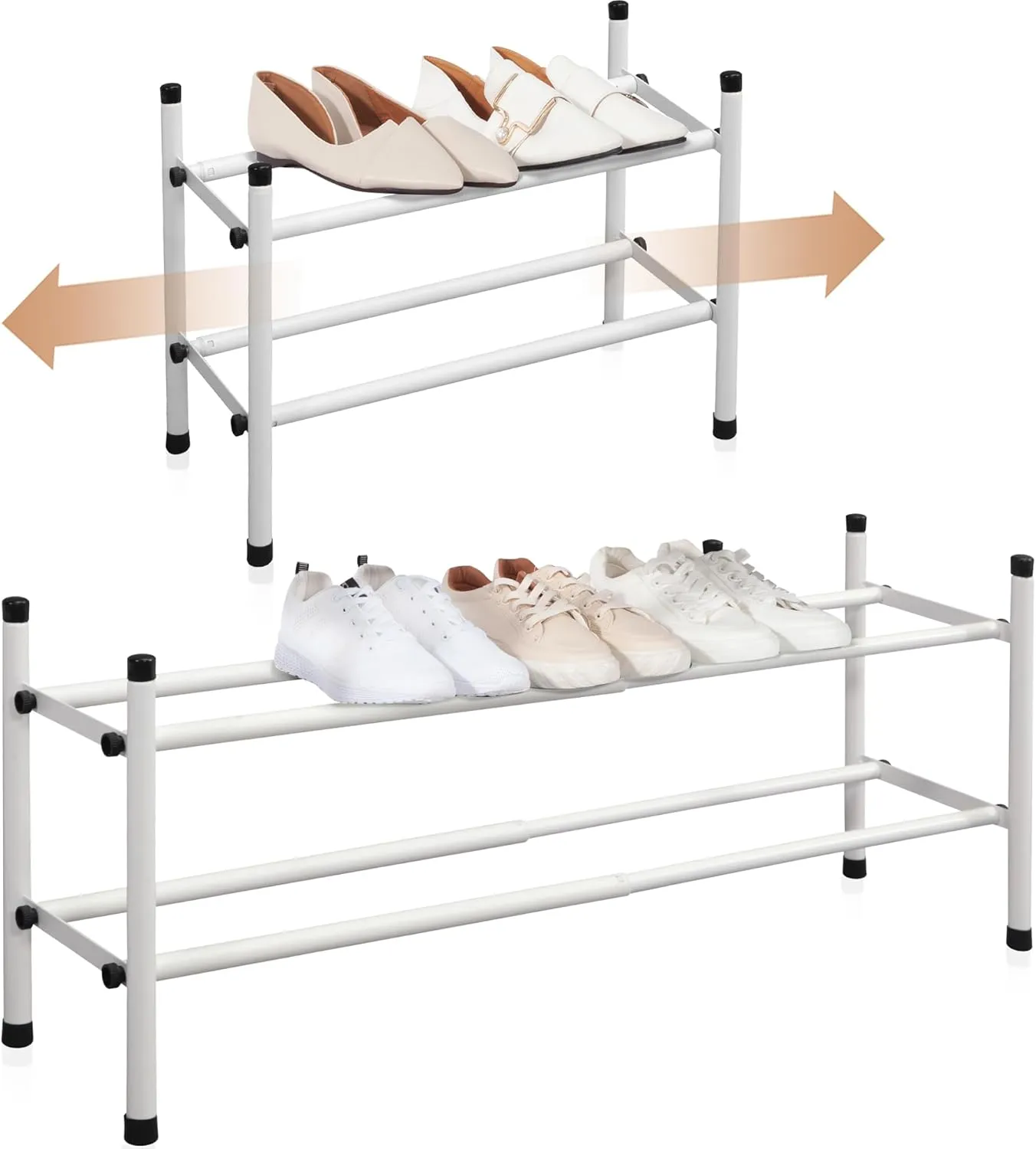 STORAGE MANIAC Expandable Shoe Rack, 8 Pairs Stackable Small Shoe Rack, Metal Adjustable Shoes Organizer for Closet, Entryway, Hallway, Garage, Front Door, Shoes Shelves, White 2 Tier