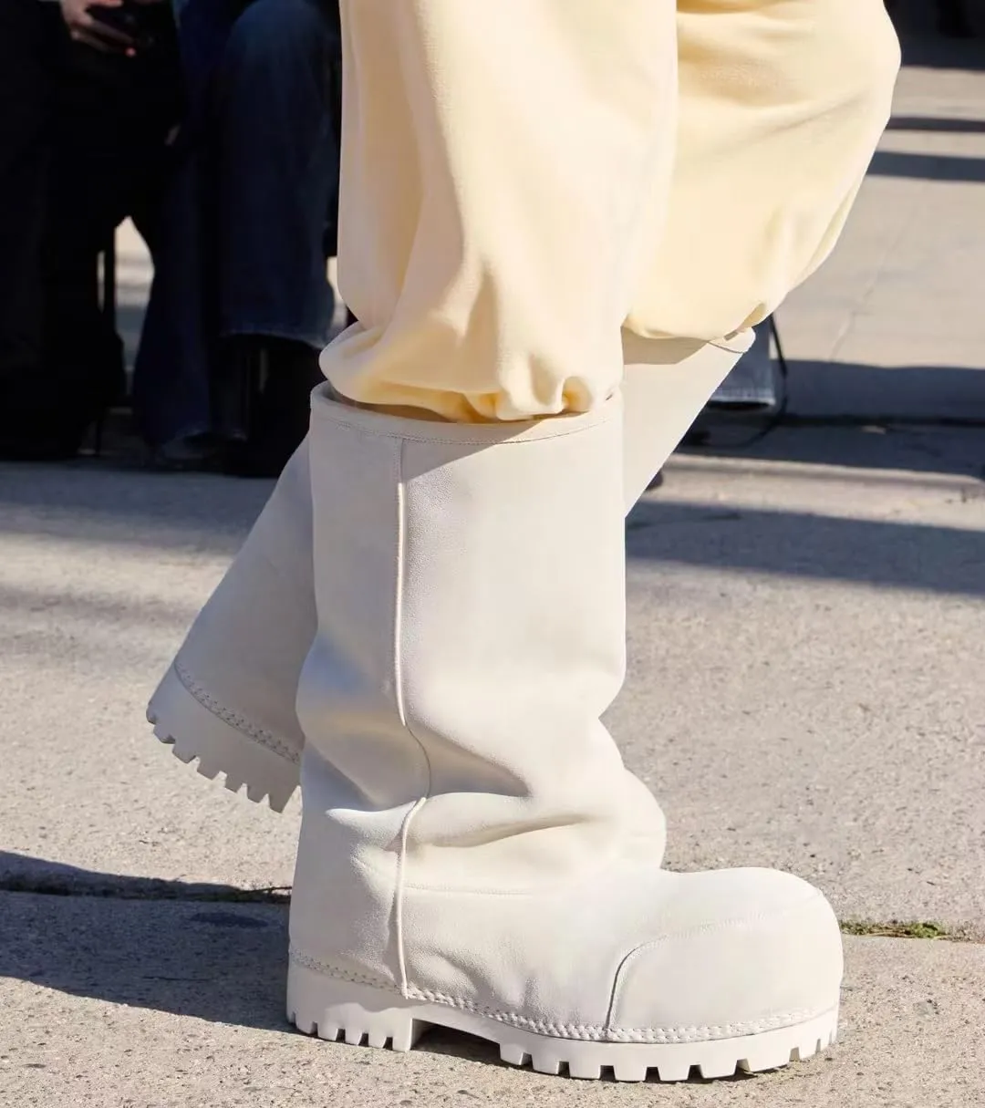 Suede Leather Platform Snow Boots For Women Fur Hippy Mid Calf Winter Boots Slip On Round Toe Comfort Warm Trending Knee High Boots